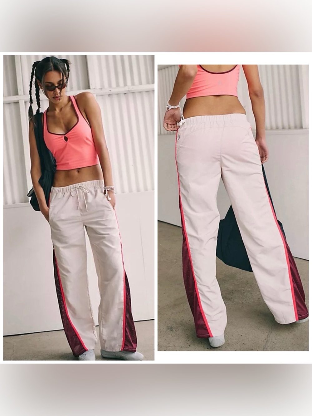FP Movement by Free People Cream Track Pants with Pink Piping & Maroon Panels